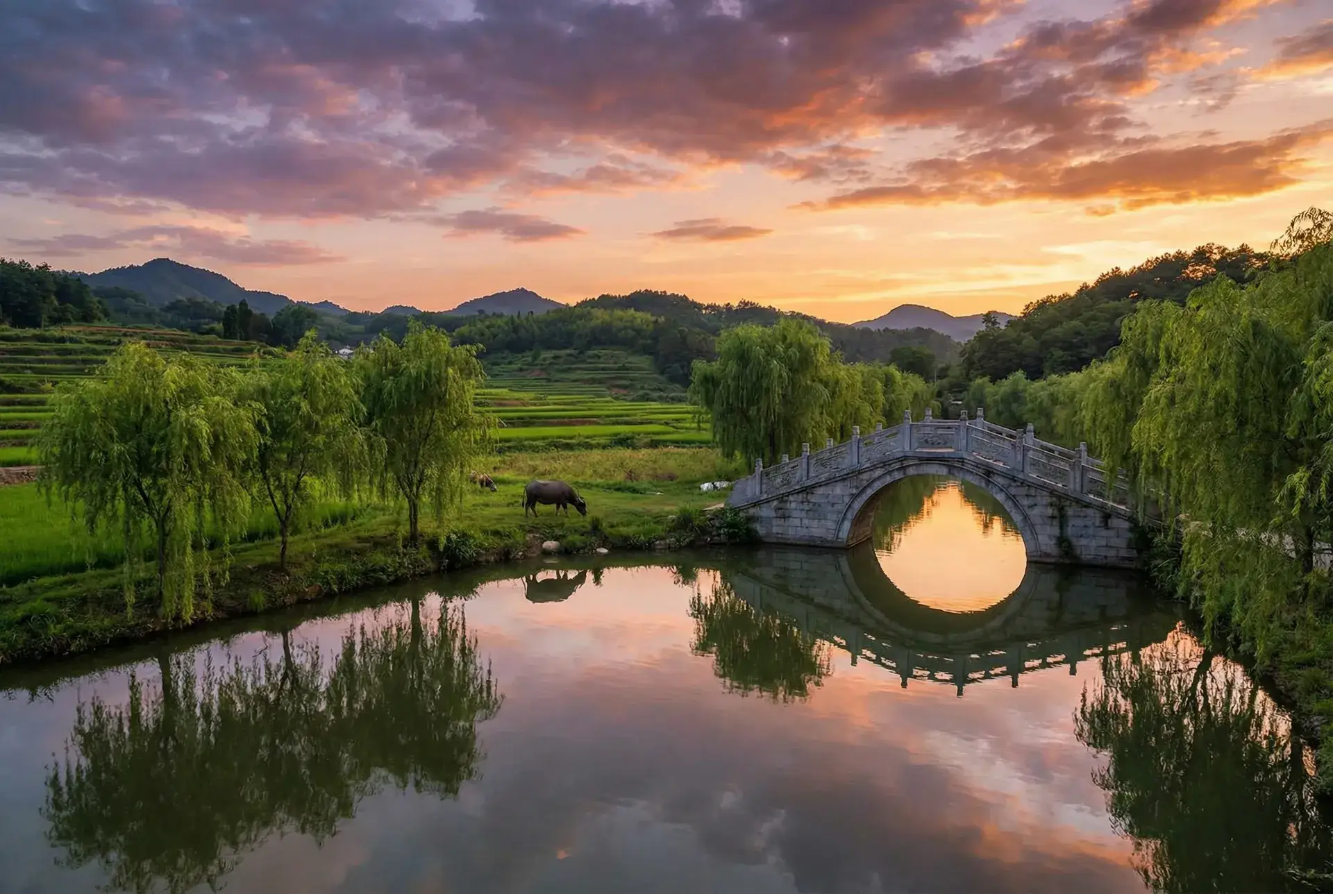 夕阳下的石拱桥与垂柳，水牛在河边吃草 - 呆萝卜 乡村美景